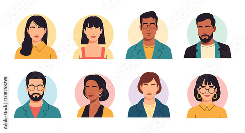 Diverse group of eight stylized people avatars with varied skin tones and attire illustrations