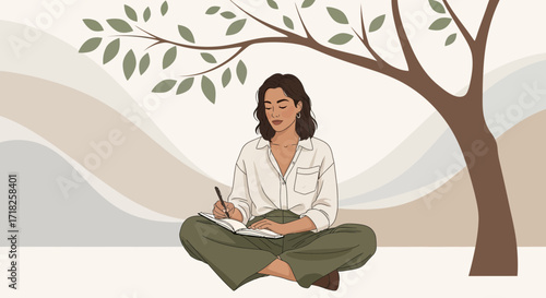 Woman Meditates While Writing With Tranquility Beneath Gentle Tree Branches