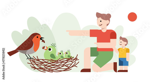 Witnessing Nature's Bounty: A Father And Son Observing A Mother Bird Feeding Her Babies