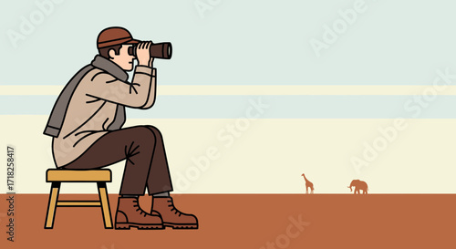 Witnessing Nature: A Man Observes Wildlife Through Binoculars in a Savannah Setting