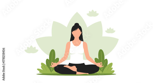 Woman Meditating In Lotus Position, Peaceful Mind, Harmony And Wellbeing Concept