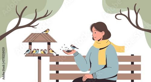 Witnessing Serene Moments: A Woman’s Peaceful Interaction With Birds and Birdhouse