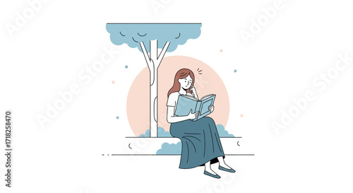 Woman Absorbed In A Book Under The Shade Of A Tree, Joyful Moment Of Serenity