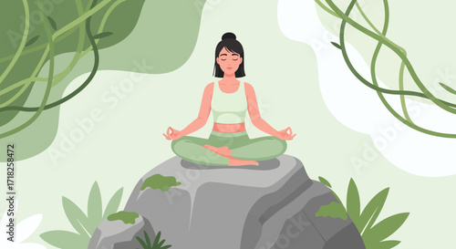 Woman Meditating Outdoors Amidst Lush Greenery for Peaceful Serenity and Wellness