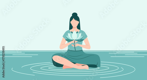 Woman Meditating While Holding Lotus Flower Surrounded By Soothing Water In Calm State
