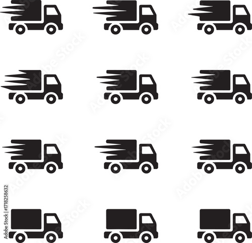 Multiple black silhouette icons of a fast moving truck on white background Keywords: truck, lorry