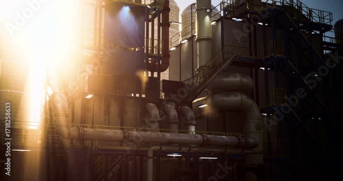 Sunlight streams through pipes in a large industrial facility, creating an intriguing play of light and shadow, while highlighting structural elements in the evening.
