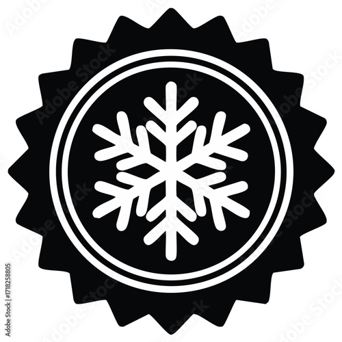 Vector snowflake icon in a black starburst seal stamp symbol for winter weather and refrigeration