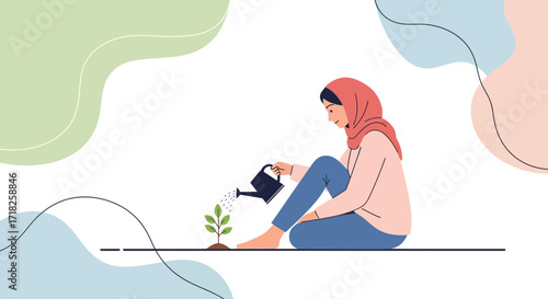 Woman Nurturing Plant With Water: A Cultivating Scene of Growth and Tranquility