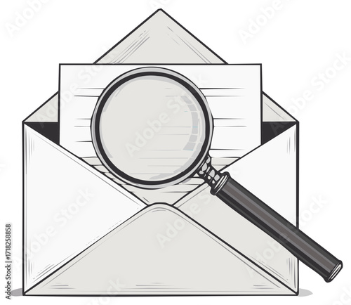 Magnifying Glass Inspecting Letter in Envelope: Search, Investigation, Reading