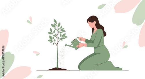 Woman Nurturing sapling with Water in Serene Illustration, Green Sustainable Scene