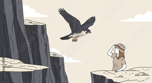 Woman Observes A Majestic Falcon Soaring Over Rugged Cliffs With Open Sky Background