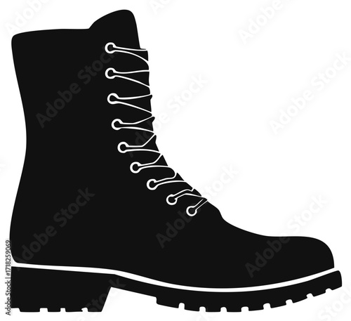 Black combat boot graphic illustration. Fashion and footwear concept.