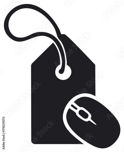 Conceptual illustration: price tag and computer mouse icon, symbolizing online retail or internet shopping, isolated graphic design element.