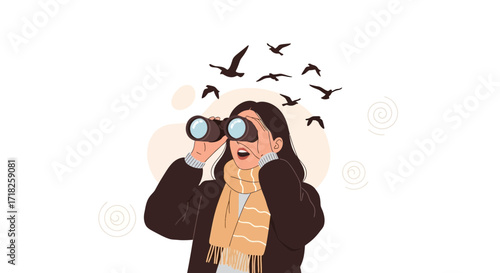 Woman Observes Flying Birds Through Binoculars with Open Mouth and Exclamation