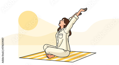 Woman Awakening In Pajamas, Stretching And Opening Her Arms, Morning Sunrise Illustration