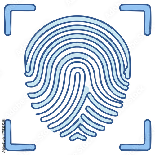 Stylized fingerprint graphic with blue lines and registration marks, digital identity concept, security check or individual digital signature on white