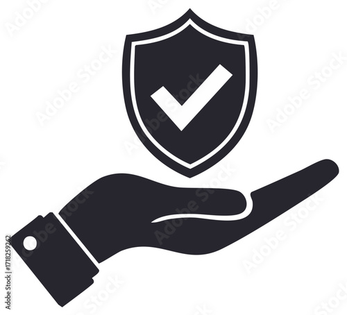Hand holding shield with check mark symbol for protection and security concept