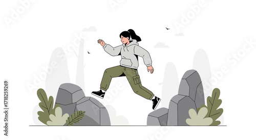 Woman Bounding Boldly Through Terrain, Achieving Goal Using Graceful Athleticism