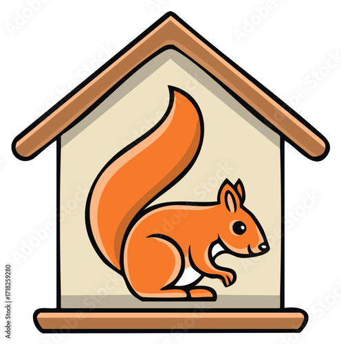 Cartoon red squirrel sitting inside a cozy wooden house shaped animal feeder illustration