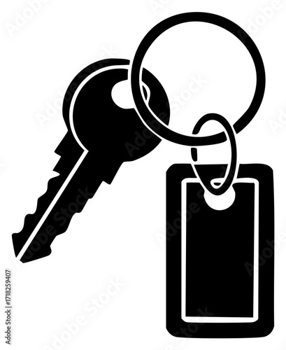 Simple black silhouette icon of a key and blank tag on a keyring, representing access and security.