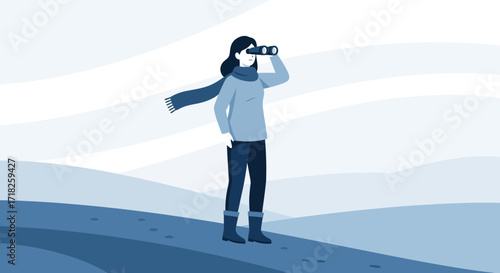 Woman Observing The Horizon Using Binoculars In An Abstract Landscape Illustration
