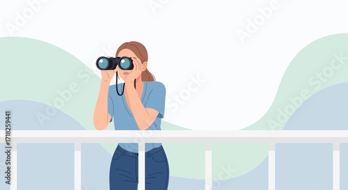 Woman Observing The Landscape With Binoculars On A Balcony, Looking Into Horizon View