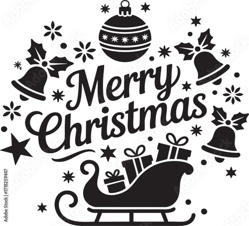 A christmas themed silhouette design with sleigh bells stars snowflakes and merry christmas text inside circle