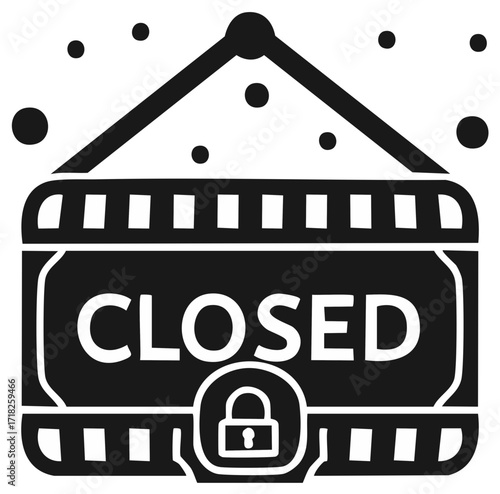 Hanging closed sign with a lock icon, black and white vector graphic