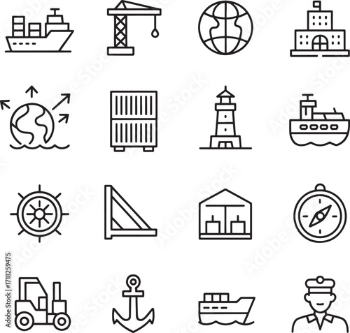 Set of black line icons related to shipping and logistics on a white background Keywords: ship, cargo