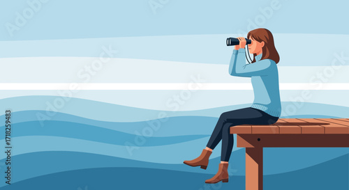 Woman Observing The Vast Horizon Through Binoculars On A Wooden Pier