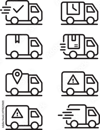 Set of black line icons representing delivery trucks and services on a white background Keywords