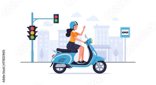 Woman On Motor Scooter In The City Passing Traffic Lights And Waving Illustrated