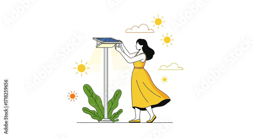 Woman Caring for Solar Panel, Illustrating Energy Efficiency and Sustainable Power Solutions
