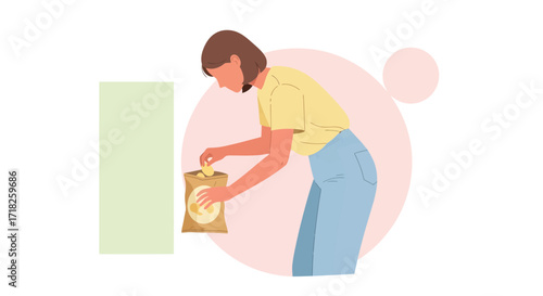 Woman Opens a Snack Bag, Reaching for Tasty Potato Crisps in a Casual Illustration