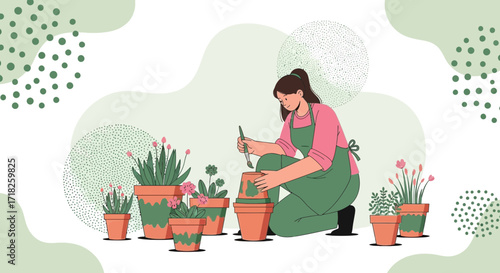 Woman Painting Flowerpots in Her Garden, Decorating for a Relaxing and Beautiful Hobby