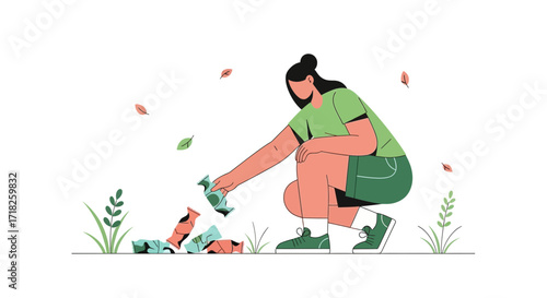 Woman Cleaning Up Litter, Promoting Environmental Conservation and Community Action