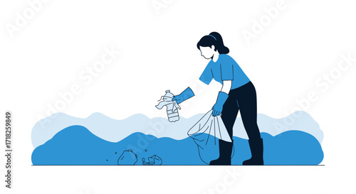 Woman Cleaning Water Pollution Collecting Garbage During Environmental Preservation