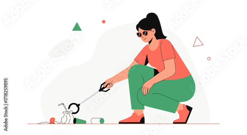 Woman Picking Up Litter With Grabber, Showing Environmental Care and Responsibility