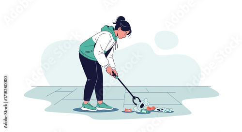 Woman Collecting Litter in Public Space: Promoting Environmental Care and Responsibility