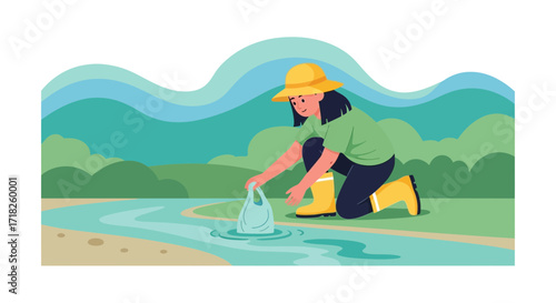 Woman Collecting Plastic Waste From River, Protecting Nature, Environmental Issues, Illustration