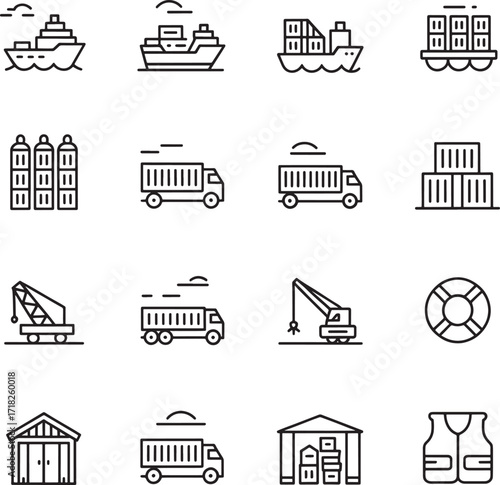 Shipping and logistics icons set with cargo ships and trucks Keywords: shipping, logistics, cargo