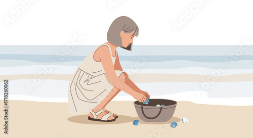 Woman Collecting Seaside Treasures In Seaside With Clear Waters And Sunshine Moments