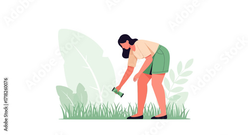 Woman Collecting Things In The Garden Among Flourishing Greenery And Flora