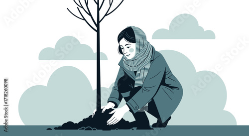 Woman Planting a Tree in an Artistic Illustration: Environment and Sustainability Focus