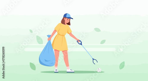 Woman Collecting Trash on a Green Background Represents Environmental Cleanup and Care
