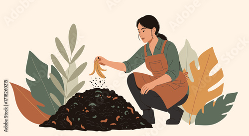 Woman Composting Food Scraps, Creating Sustainable Practices, Reducing Waste Naturally