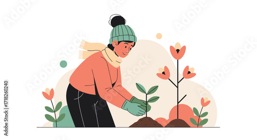 Woman Planting Sapling In Winter Garden: Eco-Friendly And Spring-Like Imagery