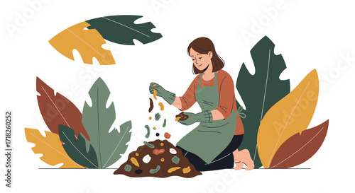 Woman Composting Organic Waste amongst Foliage for Sustainable Garden Illustration