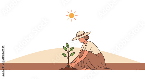 Woman Planting Sapling Under Sun Represents Hope, Growth and A Sustainable Future